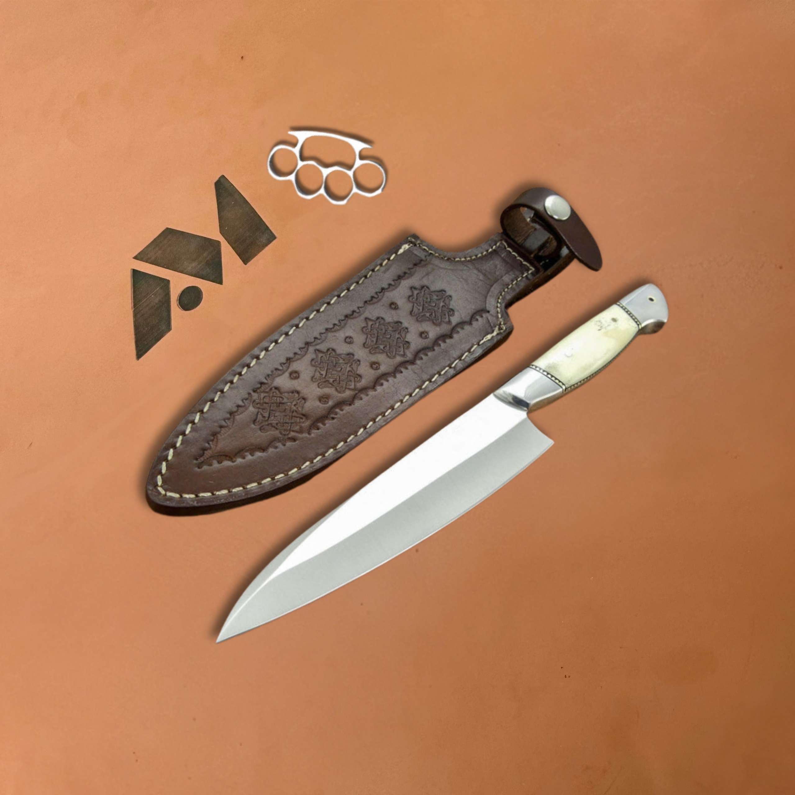 CUSTOM HANDMADE CHEF KITCHEN KNIFE D2 STEEL BEAUTIFUL CAMEL BONE -LEATHER SHEATH