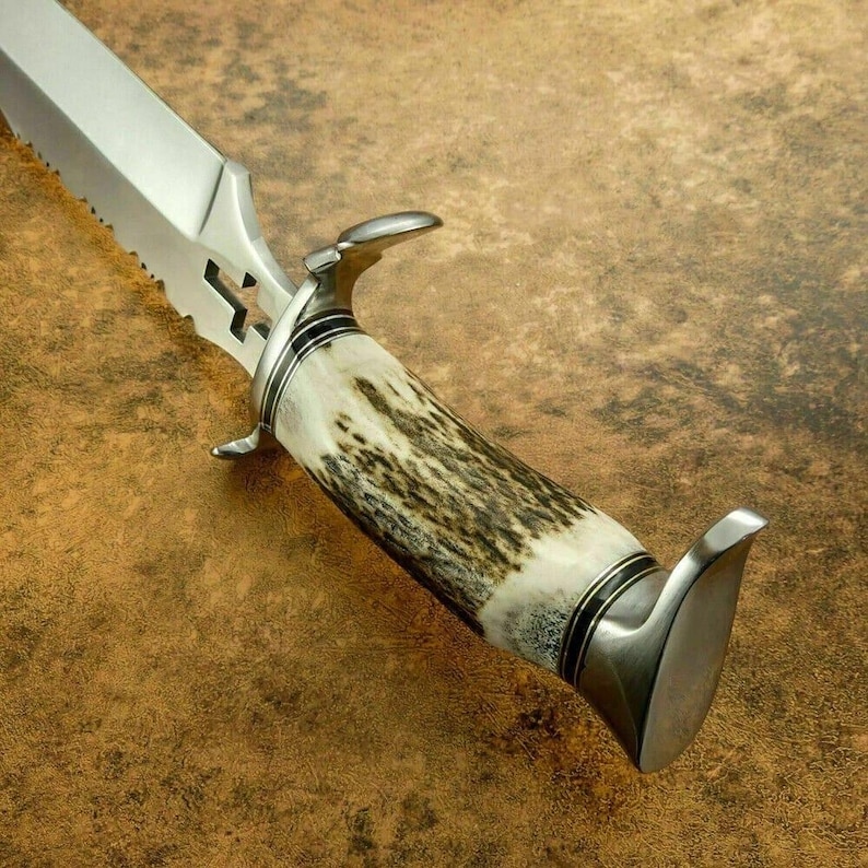 Handmade Bowie Knife 5160 Carbon Steel Blade with Deer Horn Handle Gift - Image 4
