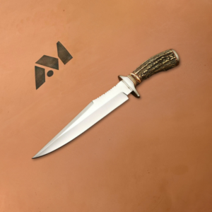 Handmade Bowie Knife, 5160 Steel Blade, Deer Horn & Camel Bone Handle, Leather Sheath