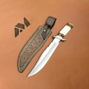 Handmade D2 Steel Hunting Knife, 14" Camel Bone Wood Handle, Full Tang, Leather Sheath