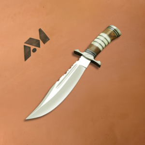Handmade D2 Steel Hunting Knife, Camel Bone Rosewood Handle, Damascus Bolster, Full Tang (Sheath)
