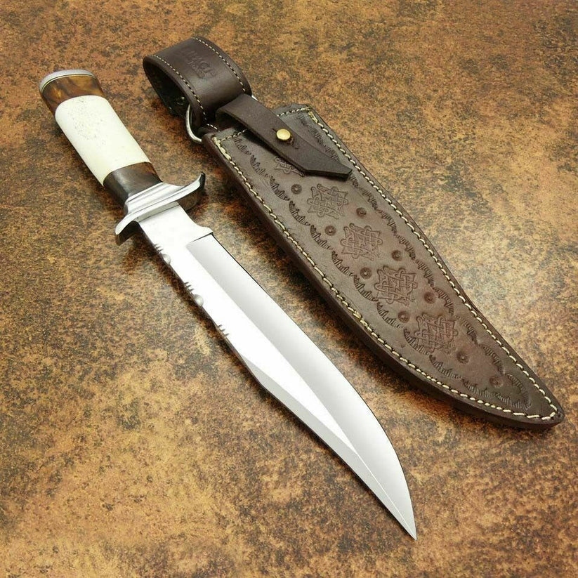 Handmade D2 Steel Hunting Knife, 14" Camel Bone Wood Handle, Full Tang, Leather Sheath - Image 4