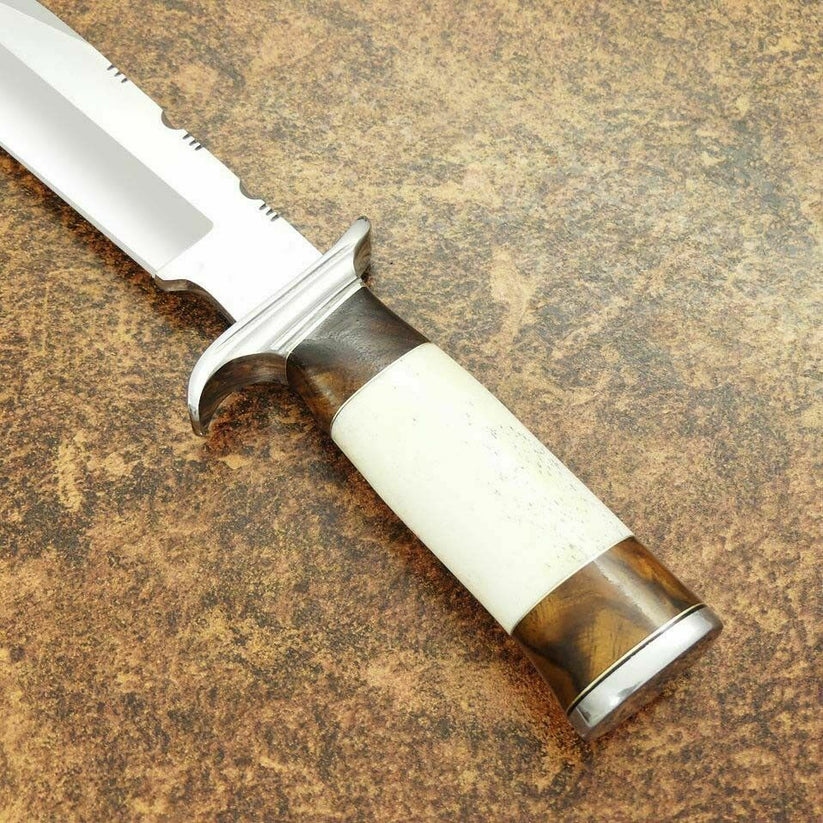 Handmade D2 Steel Hunting Knife, 14" Camel Bone Wood Handle, Full Tang, Leather Sheath - Image 3