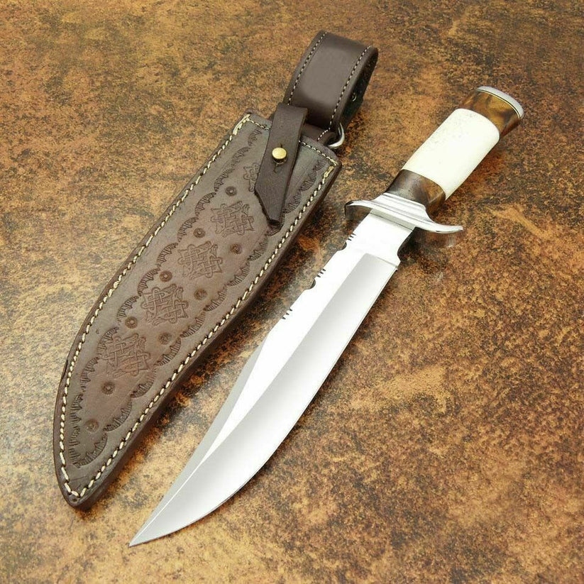Handmade D2 Steel Hunting Knife, 14" Camel Bone Wood Handle, Full Tang, Leather Sheath - Image 2