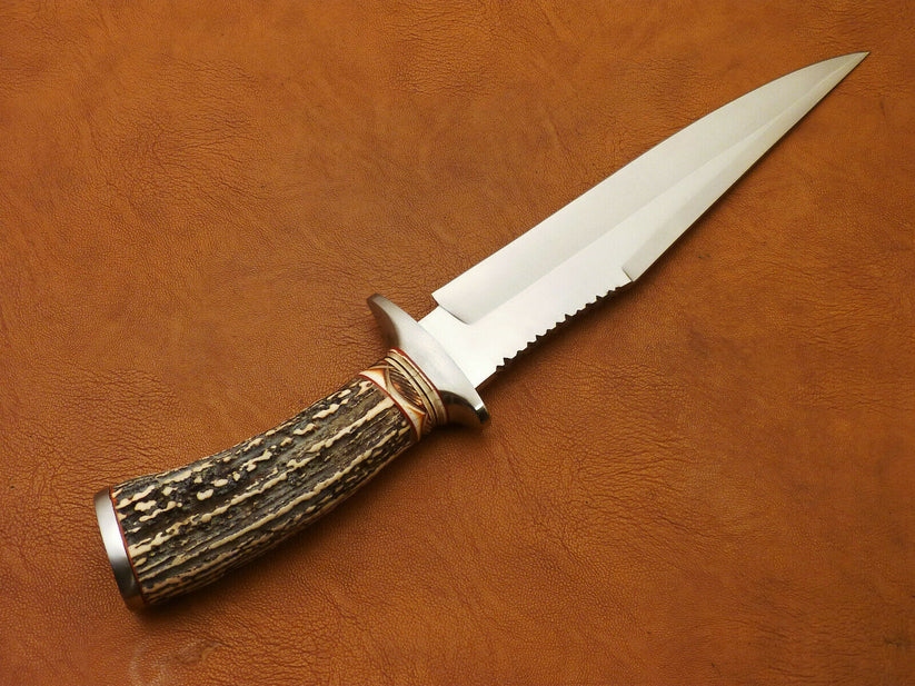 Handmade Bowie Knife, 5160 Steel Blade, Deer Horn & Camel Bone Handle, Leather Sheath - Image 2