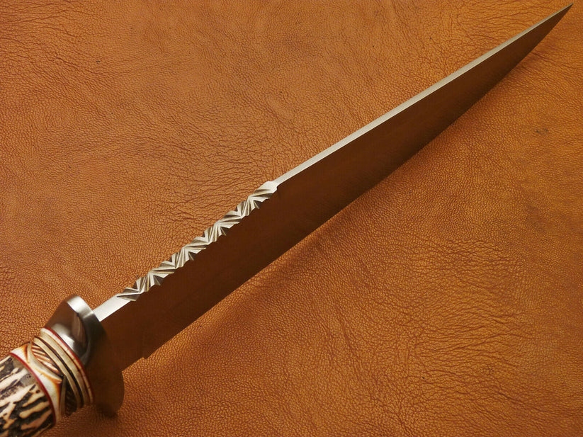 Handmade Bowie Knife, 5160 Steel Blade, Deer Horn & Camel Bone Handle, Leather Sheath - Image 3