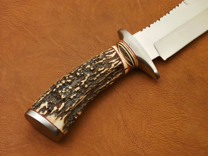 Handmade Bowie Knife, 5160 Steel Blade, Deer Horn & Camel Bone Handle, Leather Sheath - Image 4