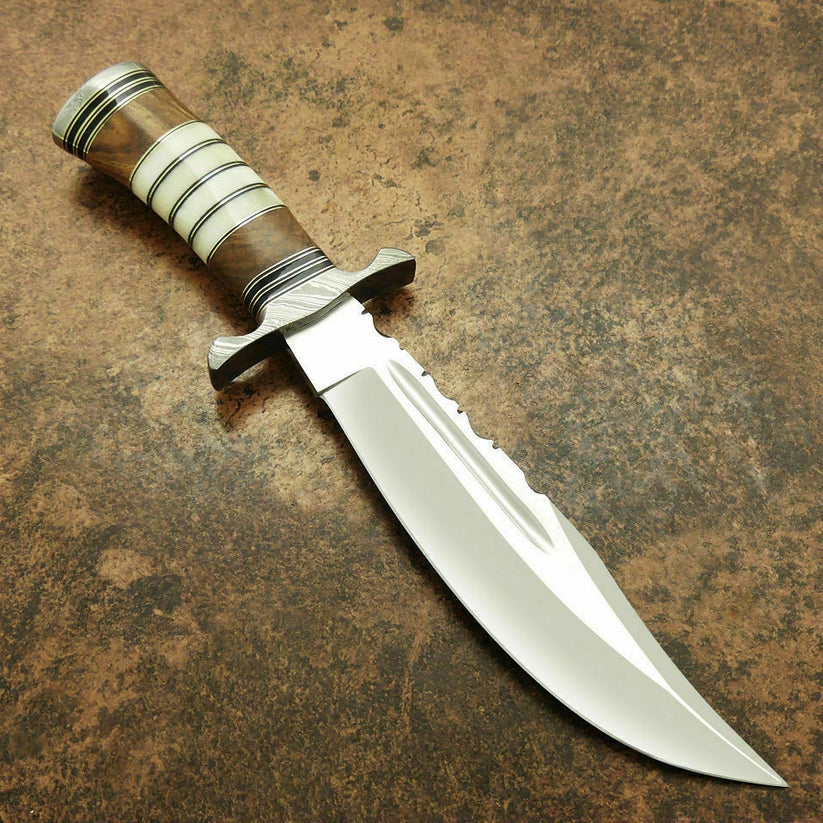 Handmade D2 Steel Hunting Knife, Camel Bone Rosewood Handle, Damascus Bolster, Full Tang (Sheath) - Image 2