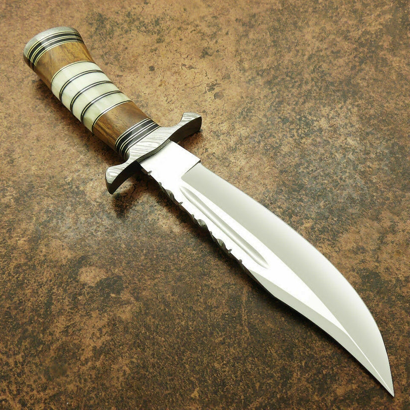 Handmade D2 Steel Hunting Knife, Camel Bone Rosewood Handle, Damascus Bolster, Full Tang (Sheath) - Image 5