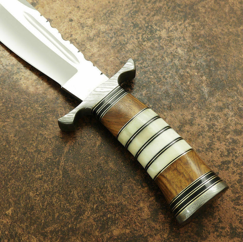 Handmade D2 Steel Hunting Knife, Camel Bone Rosewood Handle, Damascus Bolster, Full Tang (Sheath) - Image 3