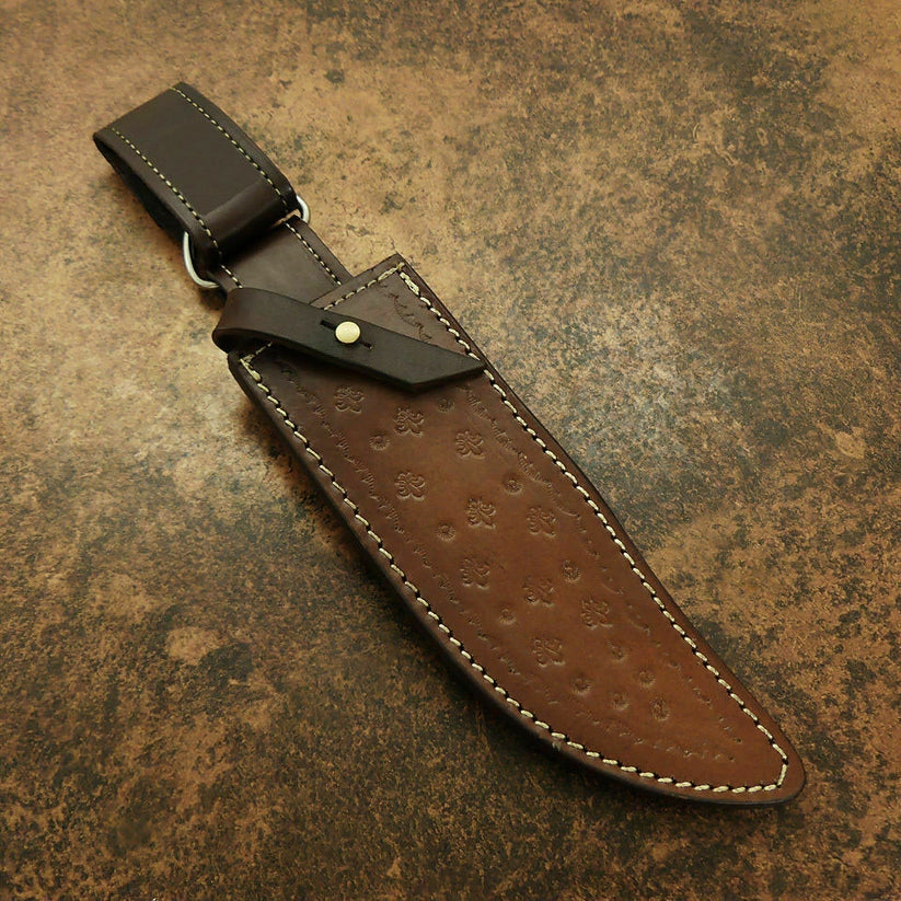 Handmade D2 Steel Hunting Knife, Camel Bone Rosewood Handle, Damascus Bolster, Full Tang (Sheath) - Image 4