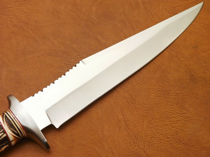 Handmade Bowie Knife, 5160 Steel Blade, Deer Horn & Camel Bone Handle, Leather Sheath - Image 5