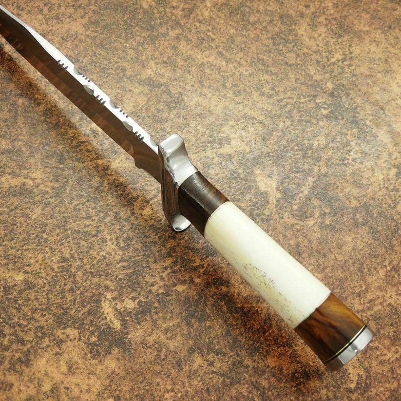 Handmade D2 Steel Hunting Knife, 14" Camel Bone Wood Handle, Full Tang, Leather Sheath - Image 5