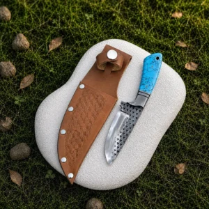 Handmade Cowboy Hunting Knife | D2 Steel Fixed Blade with Blue Resin Handle & Leather Sheath