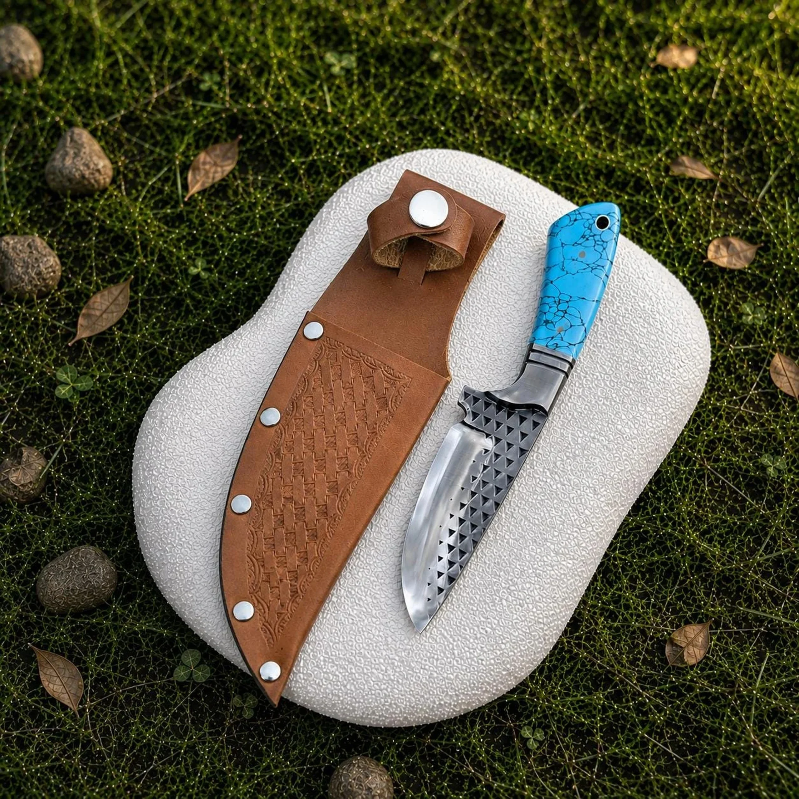 Handmade Cowboy Hunting Knife | D2 Steel Fixed Blade with Blue Resin Handle & Leather Sheath