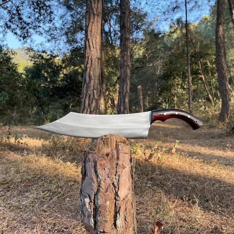 Hand-Forged D2 Steel Cleaver Knife: Rosewood Handle, Leather Sheath - Image 8