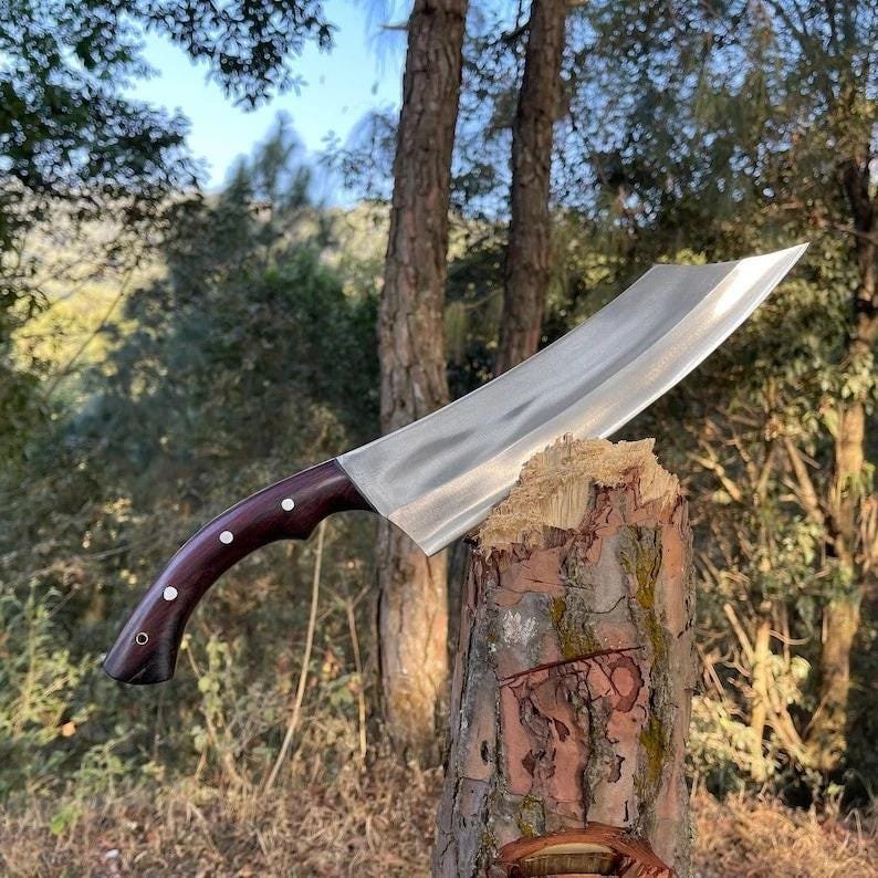 Hand-Forged D2 Steel Cleaver Knife: Rosewood Handle, Leather Sheath - Image 4