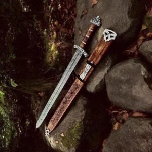 Hand-Forged Damascus Viking Sword: Norse Medieval Decor with Scabbard