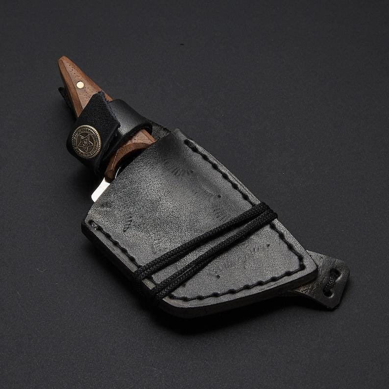 Hand-Forged D2 Steel Tanto Neck Knife: Rosewood Handle, Leather Sheath - Image 4