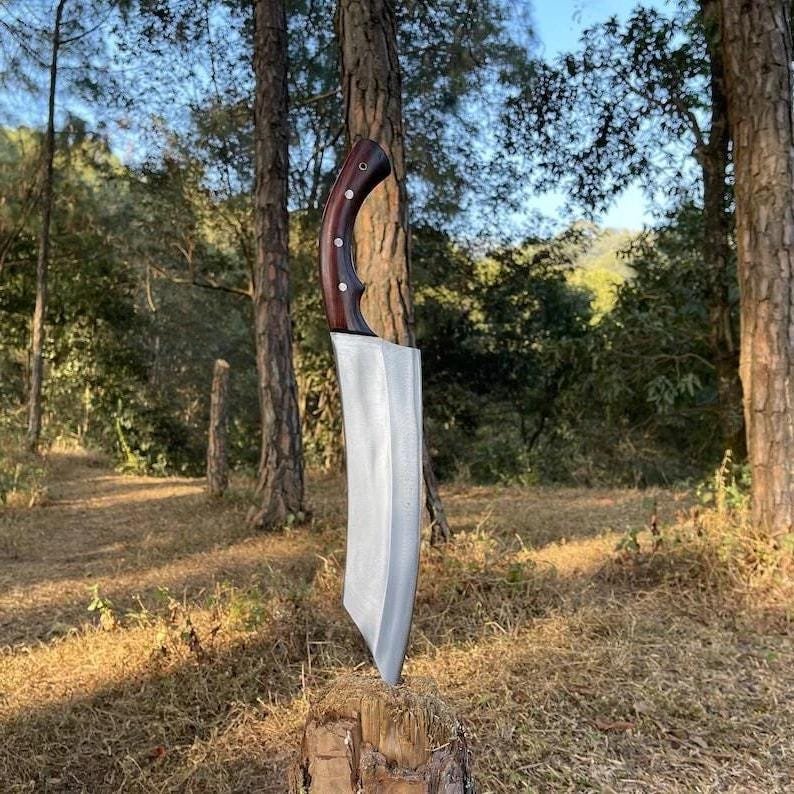 Hand-Forged D2 Steel Cleaver Knife: Rosewood Handle, Leather Sheath