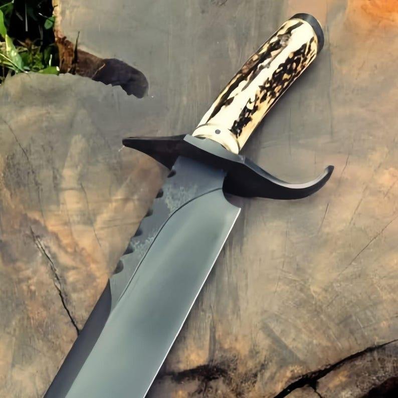 Hand-Forged 1095 Carbon Steel Bowie Knife with Leather Sheath | 15" Hunting & Camping Knife - Image 2