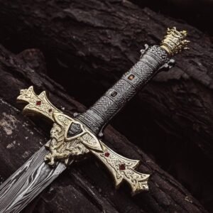 Hand-Forged Damascus Steel Templar Sword with leather sheath