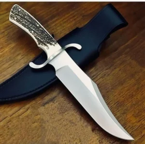 Hand Forged 1095 High Carbon Steel Bowie Knife: Deer Horn Handle, Leather Sheath