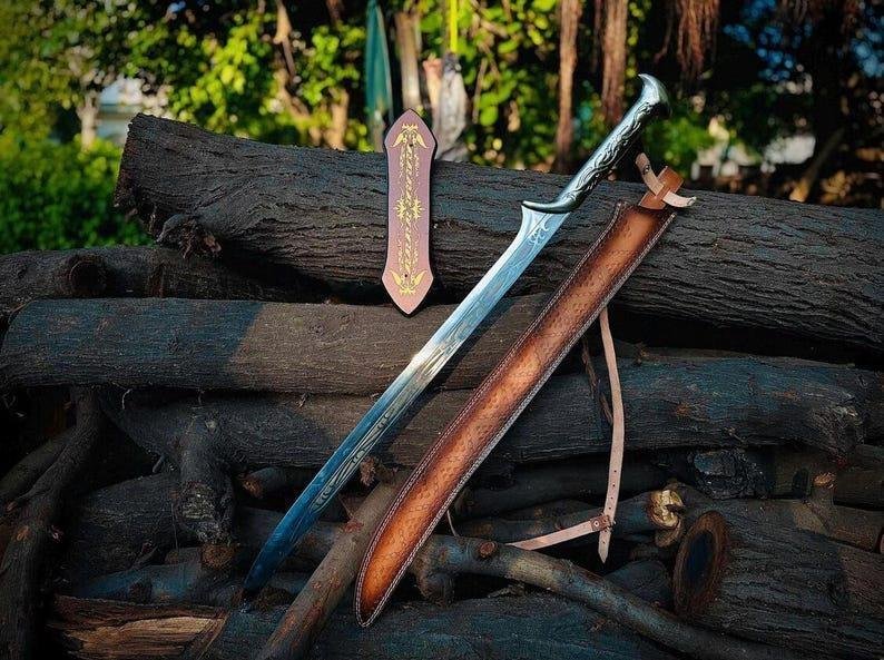 Handmade Viking Elven Sword with leather sheath and wall Mount