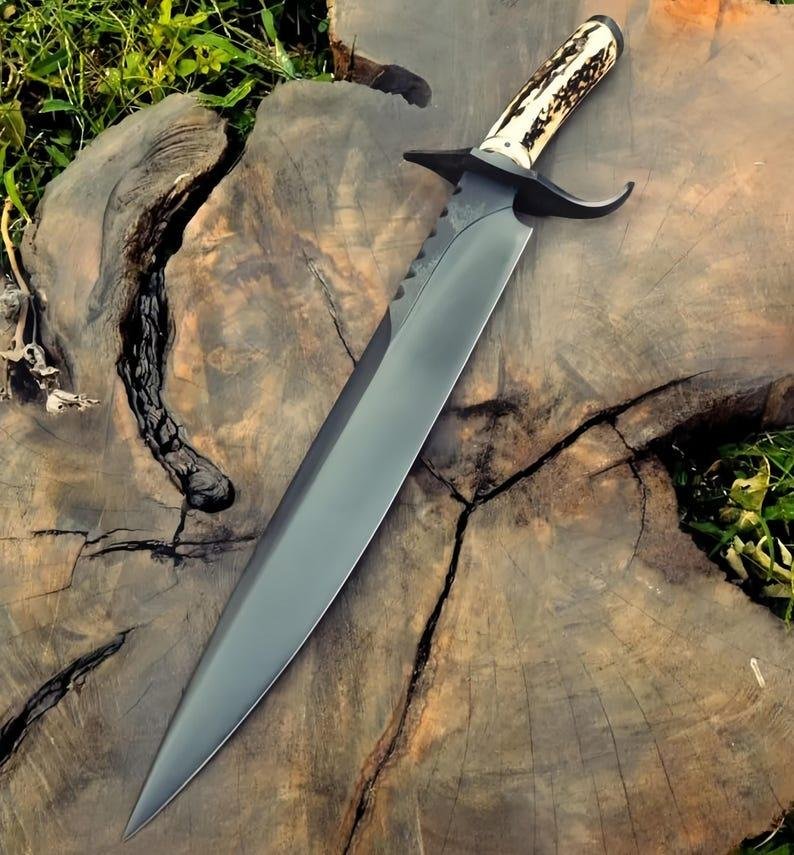 Hand-Forged 1095 Carbon Steel Bowie Knife with Leather Sheath | 15" Hunting & Camping Knife