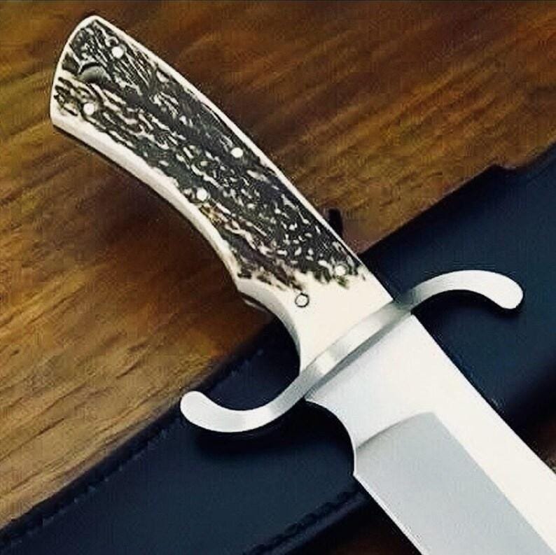 Hand Forged 1095 High Carbon Steel Bowie Knife: Deer Horn Handle, Leather Sheath - Image 3