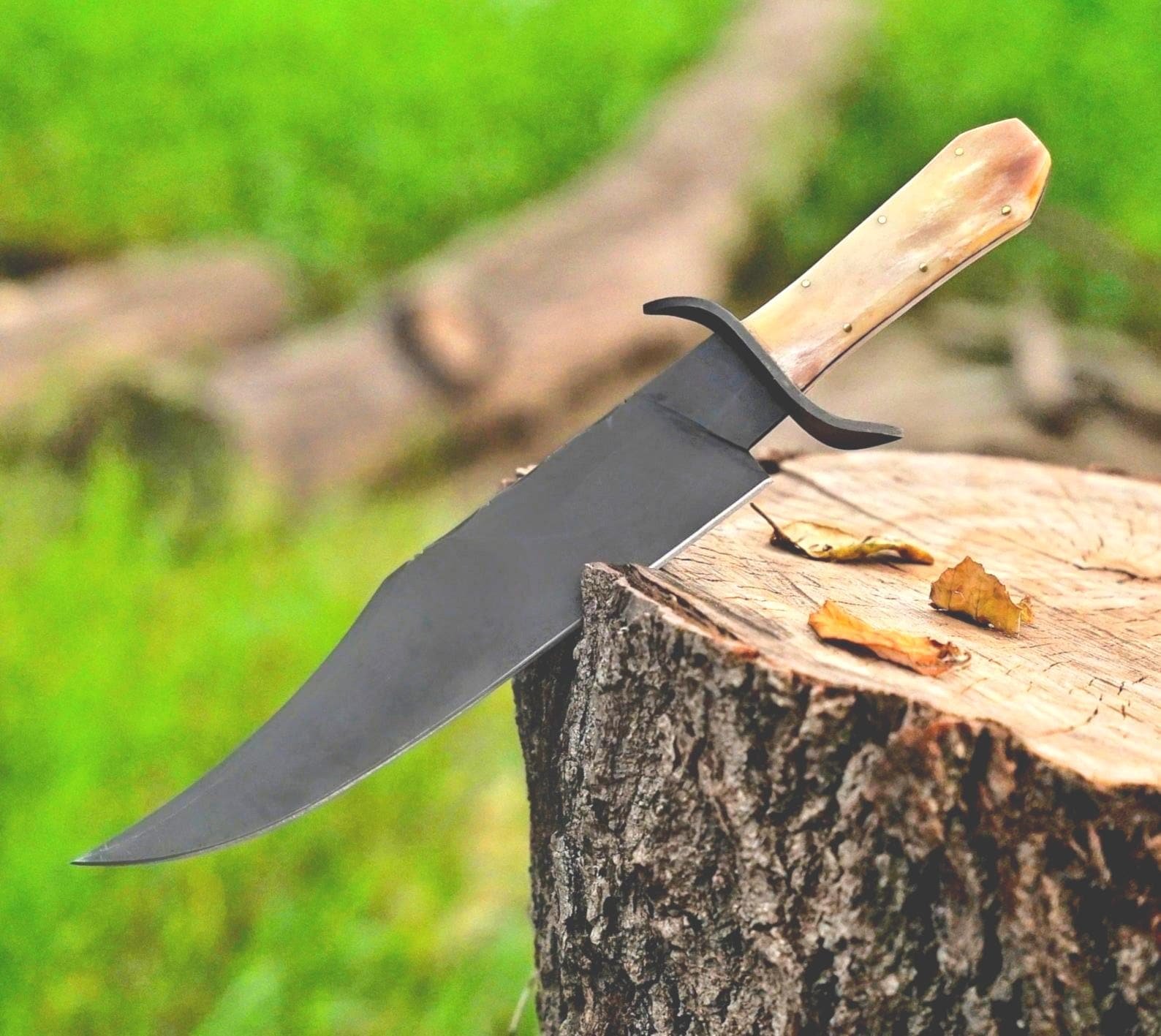 Handmade 5160 Spring Steel Bowie Knife: Acid wash Finish, Camel Bone Handle