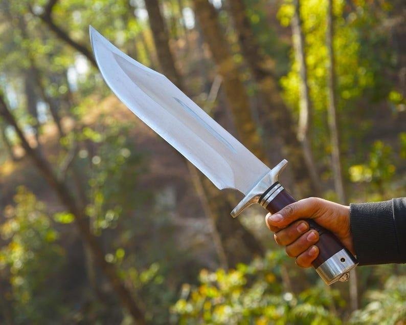 Hand-forged Bowie Knife Set: High Carbon Steel Blade, Rosewood Handle & Leather Sheath - Image 2