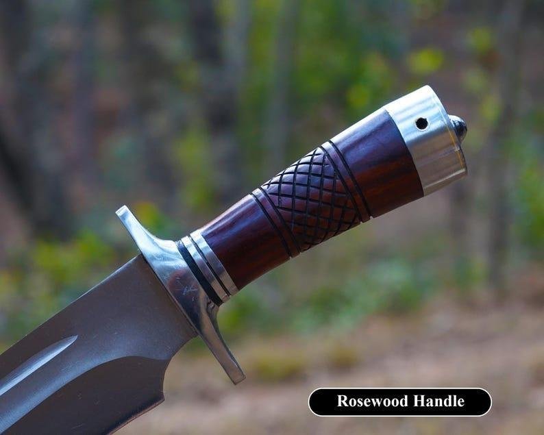 Hand-forged Bowie Knife Set: High Carbon Steel Blade, Rosewood Handle & Leather Sheath - Image 6
