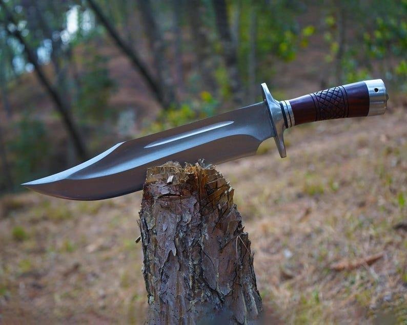 Hand-forged Bowie Knife Set: High Carbon Steel Blade, Rosewood Handle & Leather Sheath - Image 4
