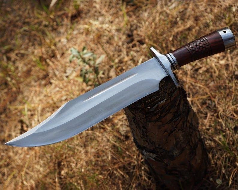 Hand-forged Bowie Knife Set: High Carbon Steel Blade, Rosewood Handle & Leather Sheath - Image 3