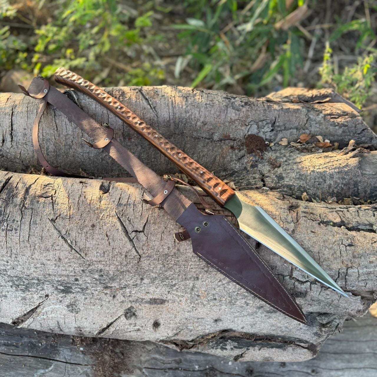 Hand-Forged High Carbon Steel Viking Spear : Rosewood Handle with Leather Sheath - Image 10