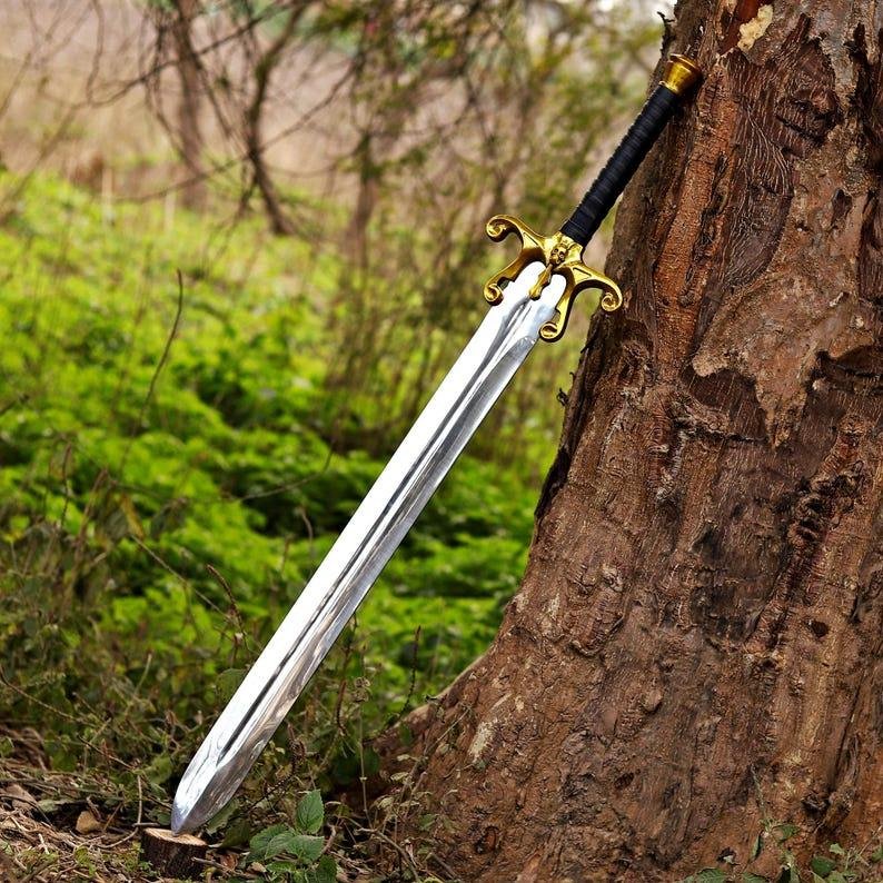 Hand-Forged Carbon Steel Fantasy Sword, Double-Edged Blade, Leather Handle, Retro Hero Display - Image 2