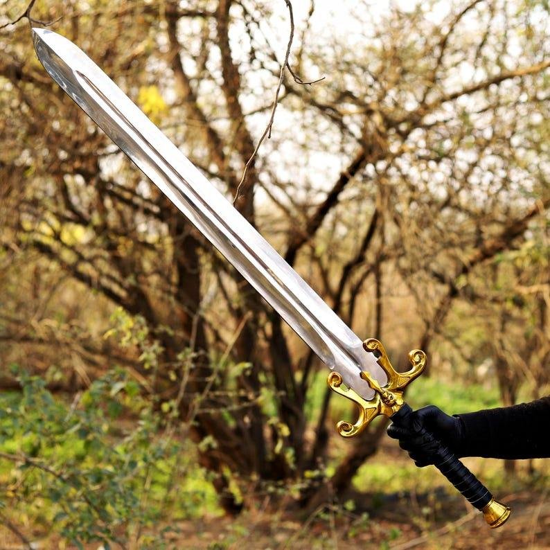 Hand-Forged Carbon Steel Fantasy Sword, Double-Edged Blade, Leather Handle, Retro Hero Display - Image 8