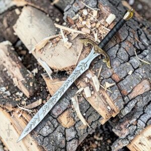 Hand-Forged Elven Sword, Vine Engraved Blade, Brass Hilt, Leather Sheath, Fantasy Collector Piece