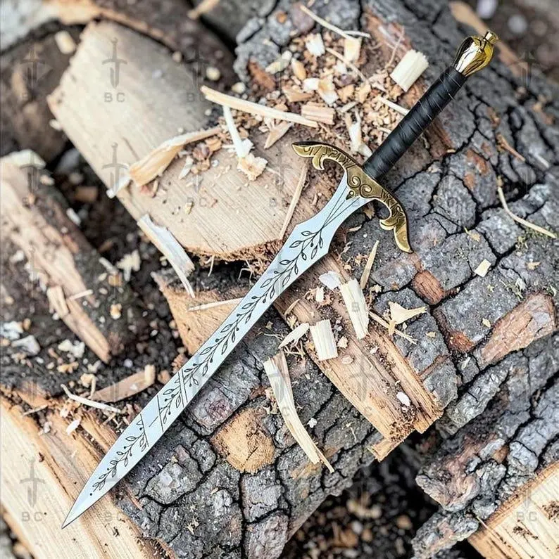 Hand-Forged Elven Sword, Vine Engraved Blade, Brass Hilt, Leather Sheath, Fantasy Collector Piece
