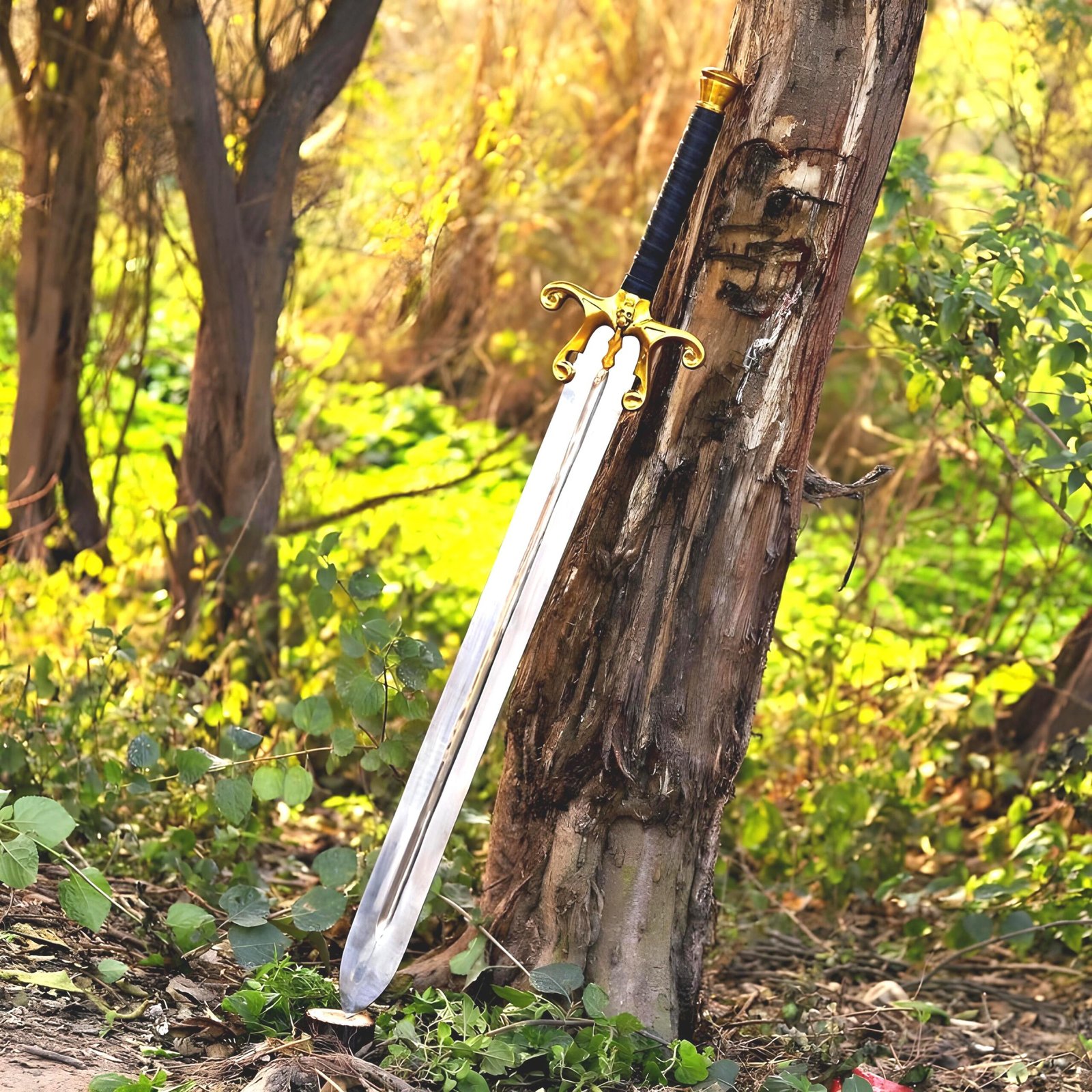 Hand-Forged Carbon Steel Fantasy Sword, Double-Edged Blade, Leather Handle, Retro Hero Display
