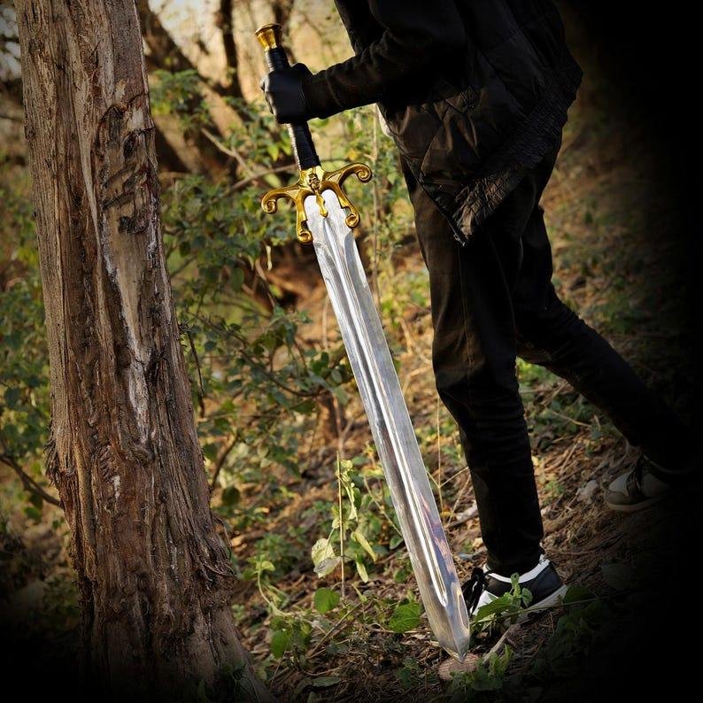 Hand-Forged Carbon Steel Fantasy Sword, Double-Edged Blade, Leather Handle, Retro Hero Display - Image 5