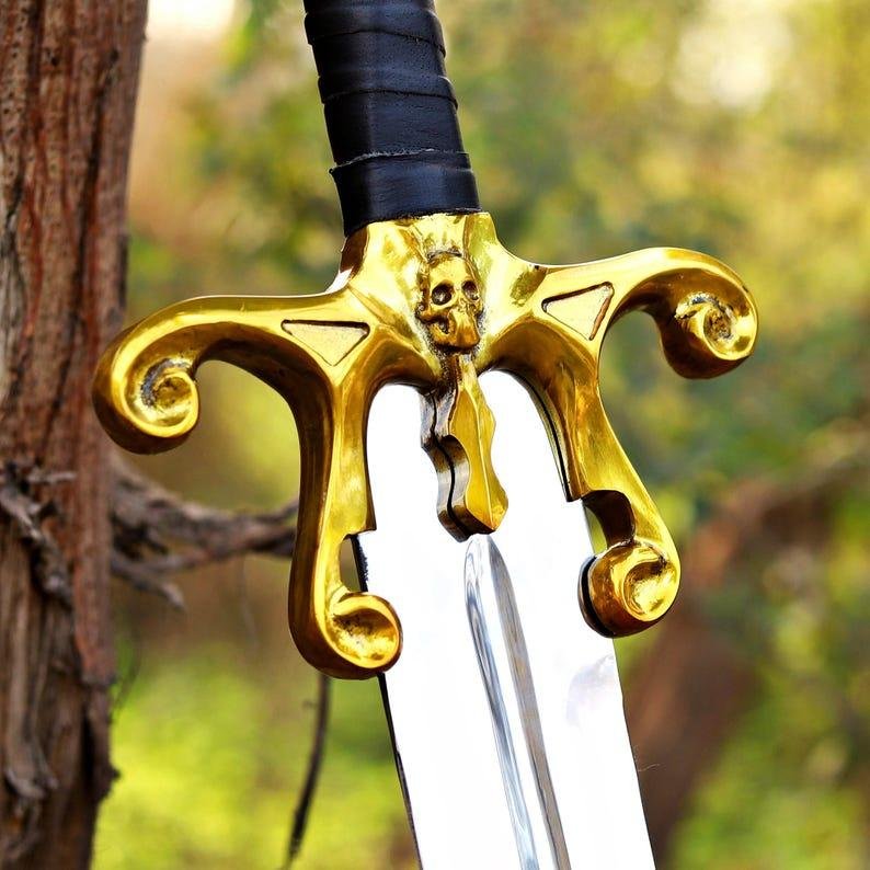 Hand-Forged Carbon Steel Fantasy Sword, Double-Edged Blade, Leather Handle, Retro Hero Display - Image 3