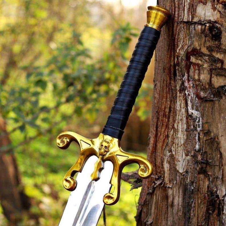 Hand-Forged Carbon Steel Fantasy Sword, Double-Edged Blade, Leather Handle, Retro Hero Display - Image 4