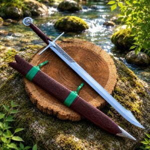 Handcrafted Falchion Sword, Rosewood Handle, Leather Grip, Decorative Scabbard, Medieval Display Piece