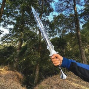 Handmade Carbon Steel Fantasy Sword, Rosewood Handle, Silver Guard Display Piece