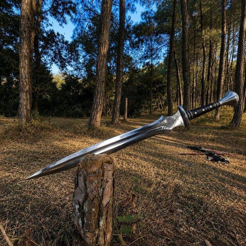 Handmade Carbon Steel Fantasy Sword, Rosewood Handle, Silver Guard Display Piece - Image 3