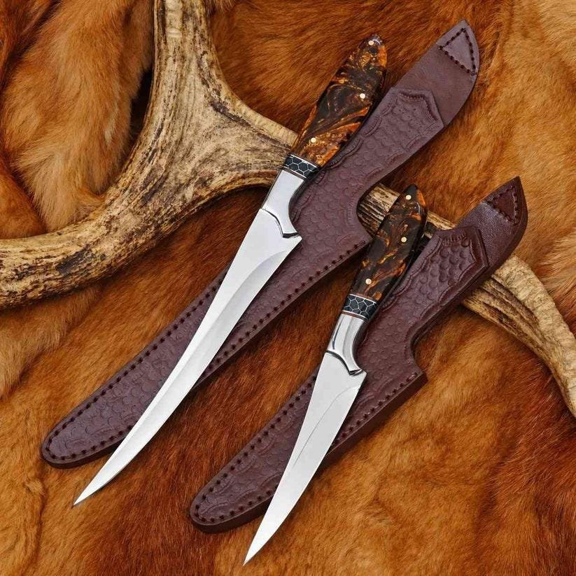 Handmade Fillet Boning Knife Set | 440C Steel, Resin Handles, Leather Sheaths - Image 5