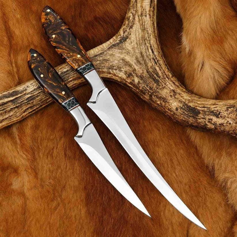 Handmade Fillet Boning Knife Set | 440C Steel, Resin Handles, Leather Sheaths - Image 4