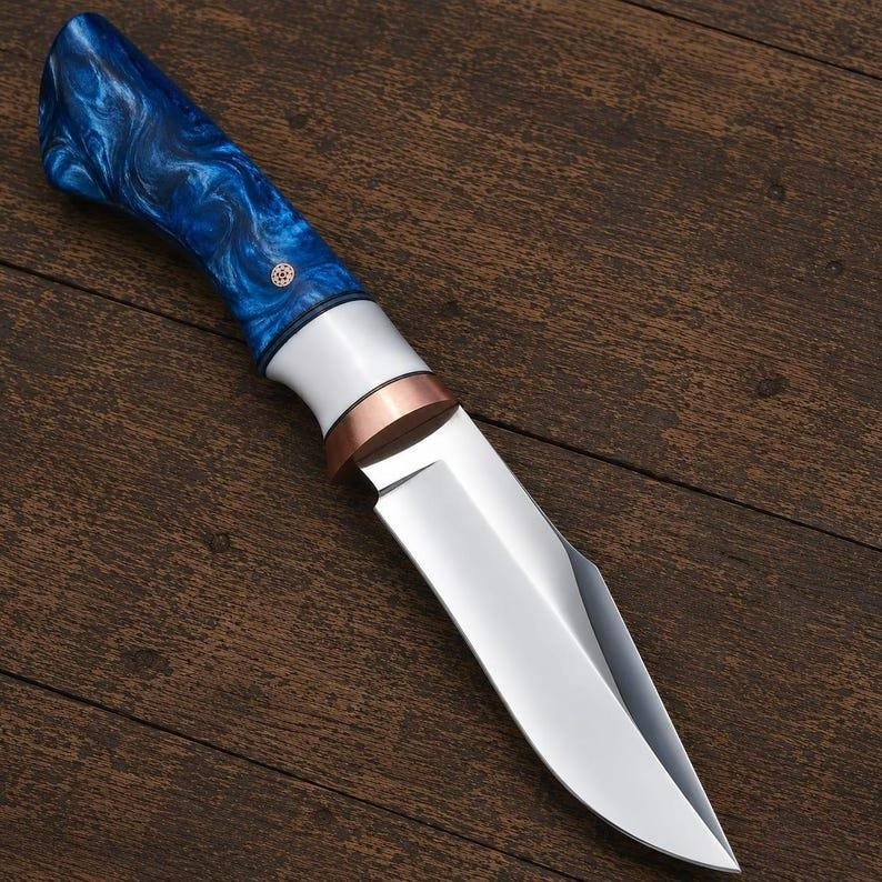 Handmade D2 Steel Hunting Knife | Blue Resin Handle, Mirror Polish Blade, Leather Sheath - Image 6